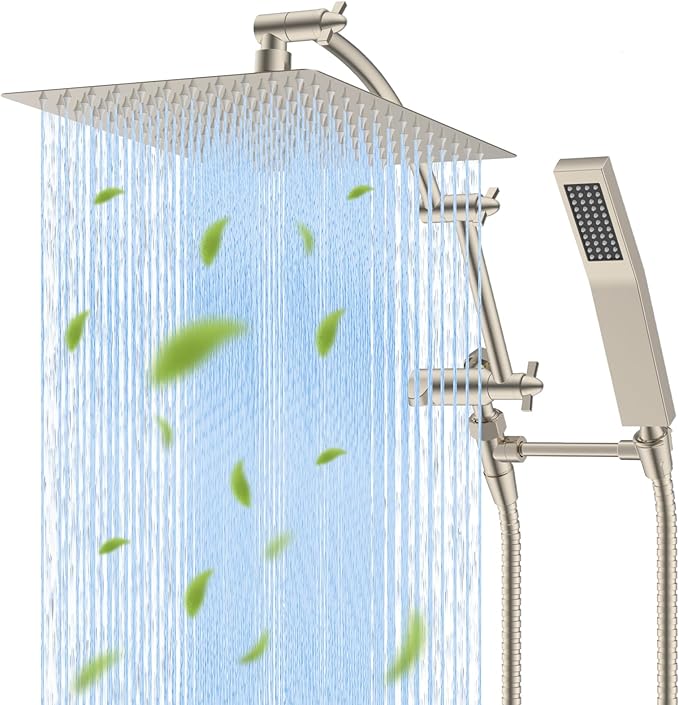 Hibbent All Metal 12'' Rainfall Shower Head, Dual Shower Head Combo, High Pressure Handheld Shower Wand, 16'' Adjustable Arc-shaped Shower Extension Arm, 71'' Hose, Showerhead Holder, Brushed Nickel