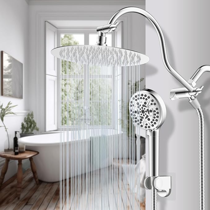 Hibbent All Metal Shower Head, 10'' High Pressure Rainfall Shower Head/Handheld Showerhead Combo with 12'' Adjustable Curve Shower Extension Arm, 10-Spray, 71'' Shower Hose, Shower Head Holder, Chrome