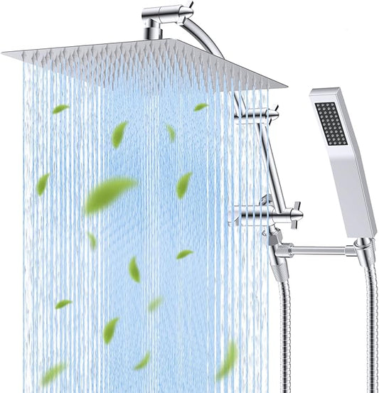 Hibbent All Metal 12'' Rainfall Shower Head, Dual Shower Head Combo, High Pressure Handheld Shower Wand, 16'' Adjustable Arc-shaped Shower Extension Arm, 71'' Hose, Showerhead Holder, Chrome