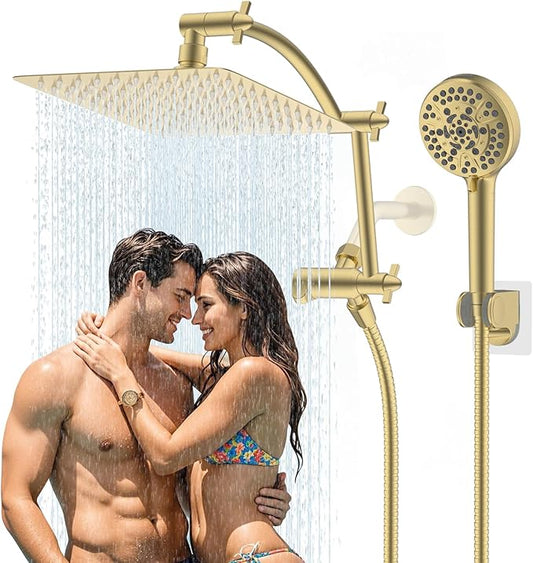 Hibbent All Metal Shower Head, 10'' High Pressure Rain Shower Head, Handheld Showerhead Combo with 16'' Adjustable Shower Extension Arm, 10 Sprays, 71'' Hose, Adhesive Showerhead Holder, Brushed Gold