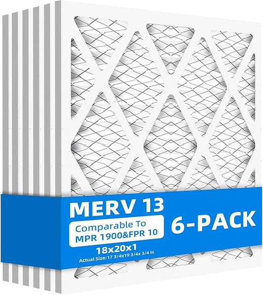 (6 Pack) 18x20x1 Furnace Air Filters, MPR 1900 & FPR 10, MERV 13 Pleated Air Filter (Actual Size: 17.75" x 19.75" x 0.75")
