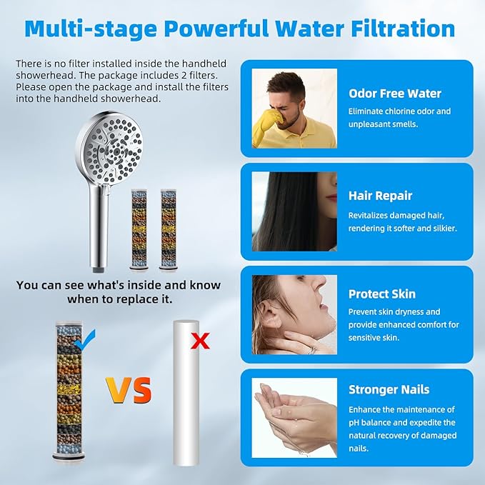 Hibbent All Metal 12'' Dual Filtered Rainfall Shower Head Combo, High Pressure Handheld Shower Head with 16'' Adjustable Arc Extension Arm, 20 Stage Shower Filter, 10-spray, 71'' Shower Hose, Chrome