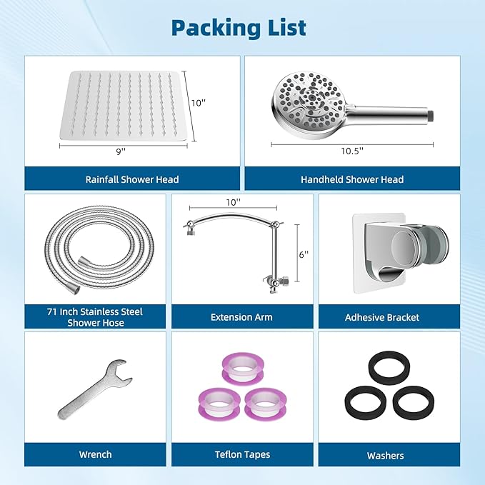 Hibbent All Metal Shower Head, 10'' High Pressure Rain Shower Head/Handheld Showerhead Combo with 16'' Adjustable Arc-shaped Extension Arm, 10 Sprays, 71'' Hose, Adhesive Showerhead Holder, Chrome