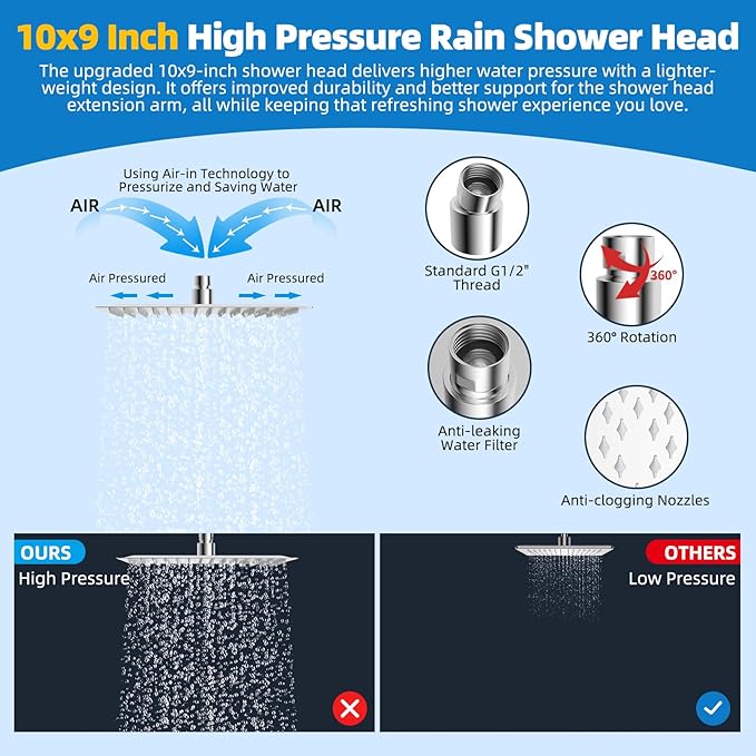 Hibbent All Metal Shower Head, 10'' High Pressure Rainfall Shower Head, Showerhead Combo, Handheld Shower Wand, 12'' Adjustable Curved Shower Extension Arm, 71'' Hose, Shower Head Holder, Chrome