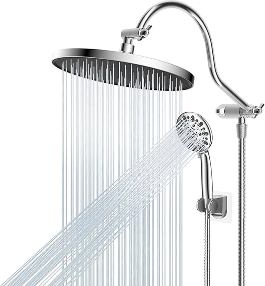 Hibbent 10'' Self-cleaning Rainfall Shower Head, High Pressure Handheld Shower Head, Showerhead Combo with 12'' Adjustable Curved Shower Extension Arm, 7-Spray, 71'' Hose, Showerhead Holder, Chrome
