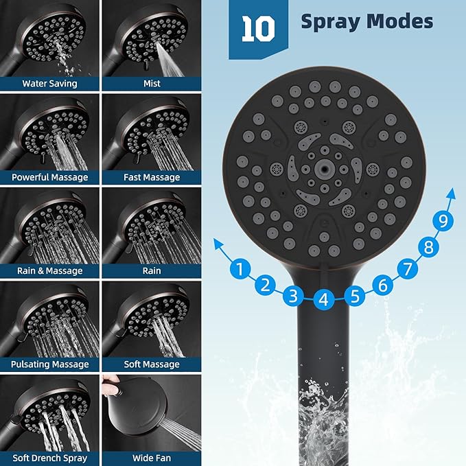 Hibbent All Metal Shower Head, 8'' High Pressure Rainfall Shower Head/Handheld Showerhead Combo with 12'' Adjustable Curved Shower Extension Arm, 10-Spray, 71'' Hose, Shower Holder, Oil Rubbed Bronze