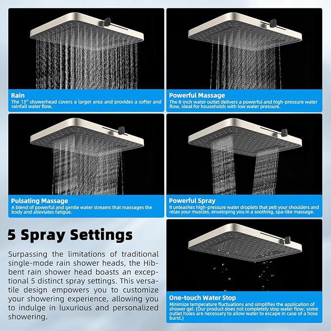 Hibbent 5-spray 13'' Dual Filtered Rainfall Shower Head Combo, High Pressure 10-setting Handheld Shower Head with 12'' Adjustable Extension Arm, 20 Stage Shower Filter, 71'' Hose, Brushed Nickel
