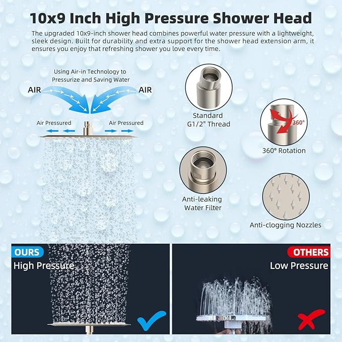 Hibbent All Metal 10'' Rainfall Shower Head, Dual Shower Head Combo, High Pressure Handheld Shower Wand, 16'' Adjustable Arc-shaped Shower Extension Arm, 71'' Hose, Showerhead Holder, Brushed Nickel