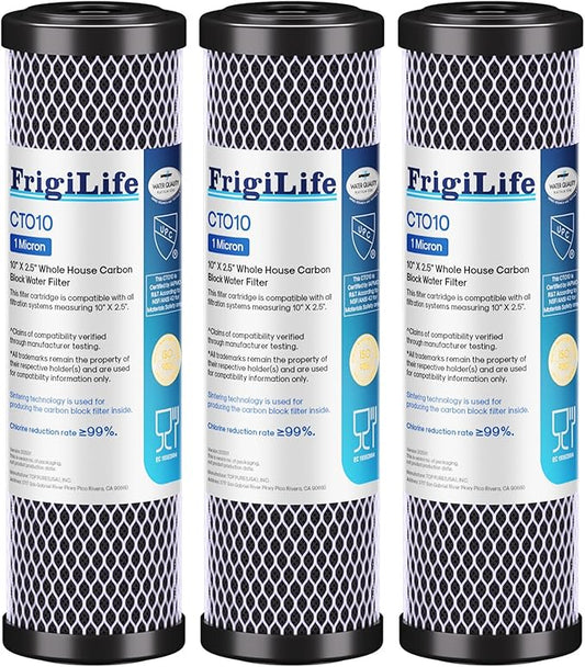 1 Micron 10" x 2.5" Whole House CTO Carbon Sedimen Water Filter Compatible DuPont WFPFC8002, WFPFC9001, SCWH-5, WHCF-WHWC, FXWTC, RO Unit for Under Sink & Countertop Filtration System,3Pack