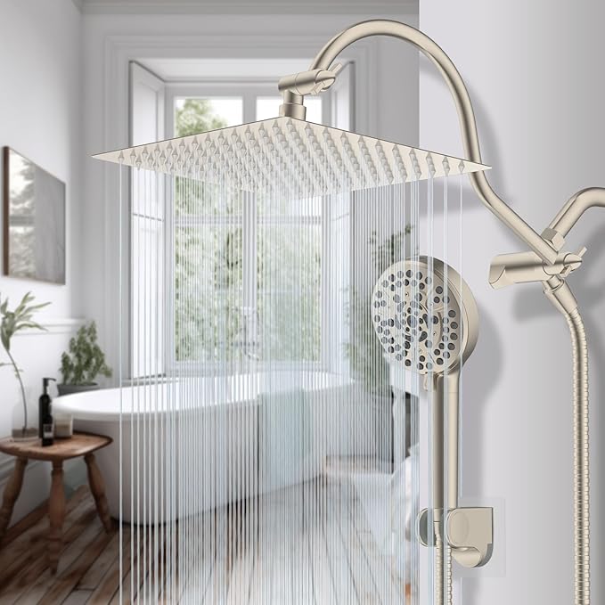 Hibbent 12'' All Metal Shower Head, High Pressure Rainfall Shower Head/Handheld Showerhead Combo/ 12'' Adjustable Curved Shower Extension Arm, 10-Spray, 71'' Adhesive Showerhead Holder, Brushed Nickel