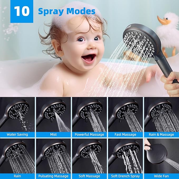 Hibbent 5-spray 13'' Shower Head, High Pressure Rainfall Shower Head, Dual Showerhead Combo with 10-mode Handheld Spray, 12'' Adjustable Extension Arm, 71'' Hose, Showerhead Holder, Oil Rubbed Bronze