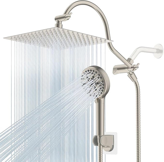 Hibbent 12'' All Metal Shower Head, High Pressure Rainfall Shower Head/Handheld Showerhead Combo/ 12'' Adjustable Curved Shower Extension Arm, 10-Spray, 71'' Adhesive Showerhead Holder, Brushed Nickel