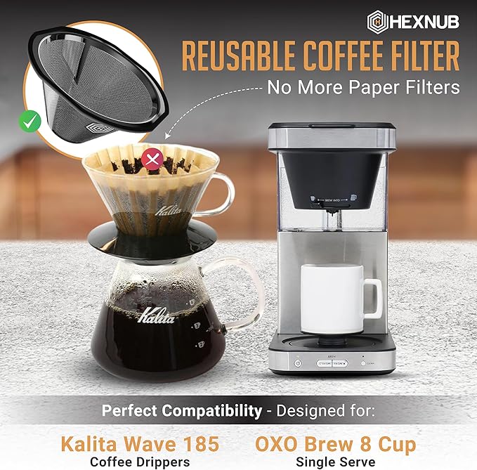 HEXNUB Reusable Coffee Filter for Kalita Wave 185 and OXO 8 Cup Coffee Makers, Stainless Steel Mesh, Durable Metal Filter for Sustainable Brewing – No more Paper Filters
