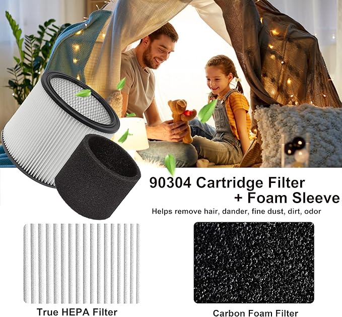 (2) 90304 HEPA Cartridge Replacement Filter with Lids + (4) 90585 Foam Sleeves, Compatible with Shop-Vac 90304, 90350, 90333, Shop Vac 903-04-00, 9030400, 90585, 5 Gallon up Wet/Dry Vacuum Cleaner