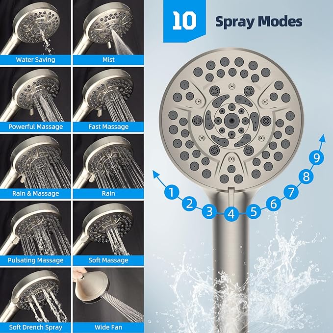 Hibbent All Metal Shower Head, 8'' High Pressure Rainfall Shower Head, Handheld Showerhead Combo with 12'' Adjustable Curved Extension Arm, 10-Spray, 71'' Hose, Showerhead Holder, Brushed Nickel