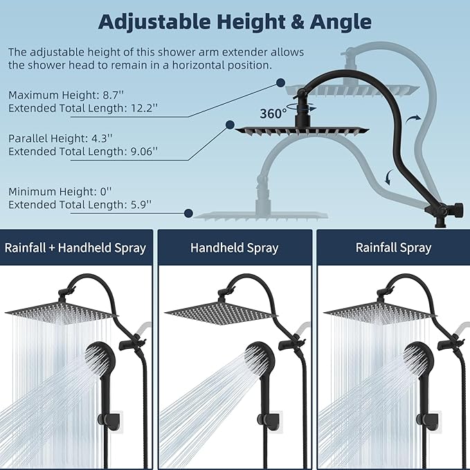 Hibbent 12'' All Metal Shower Head, High Pressure Rainfall Shower Head/Handheld Showerhead Combo/ 12'' Adjustable Curved Shower Extension Arm, 10-Spray, 71'' Hose, Showerhead Holder, Matte Black