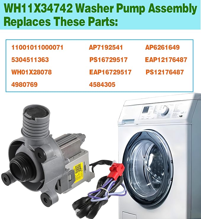 (Upgraded) WH11X34742 Washer Pump Assembly Fit for Frigidaire 11001011000071 5304511363 FFTW4120SW Washing Machine Drain Pump Motor