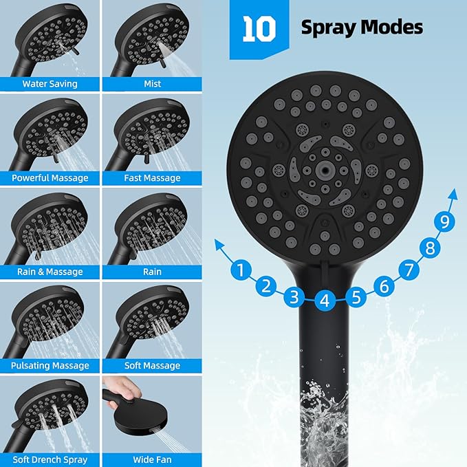 Hibbent 12'' All Metal Shower Head, High Pressure Rainfall Shower Head/Handheld Showerhead Combo/ 12'' Adjustable Curved Shower Extension Arm, 10-Spray, 71'' Hose, Showerhead Holder, Matte Black