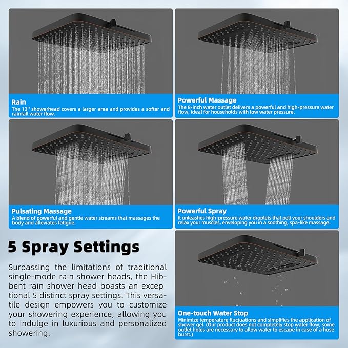 Hibbent 5-spray 13'' Dual Filtered Rainfall Shower Head Combo, High Pressure 10-setting Handheld Shower Head with 12'' Adjustable Extension Arm, 20 Stage Shower Filter, 71'' Hose, Oil Rubbed Bronze
