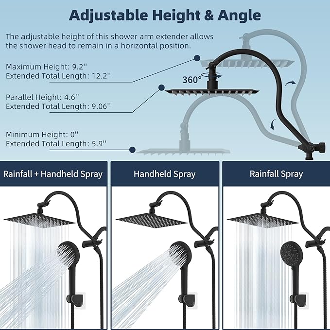 Hibbent All Metal Shower Head, 8'' High Pressure Rainfall Shower Head, Handheld Showerhead Combo with 12'' Adjustable Curved Extension Arm, 10-Spray, 71'' Hose, Adhesive Showerhead Holder, Matte Black