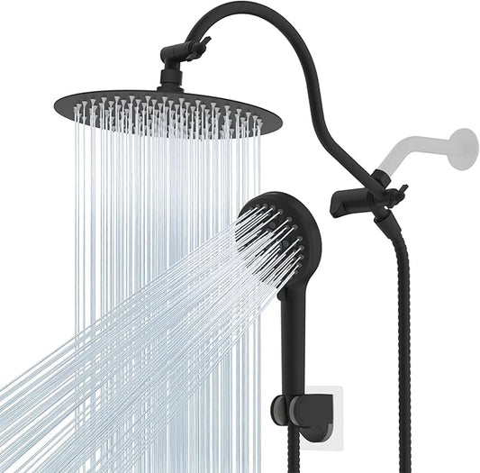 Hibbent All Metal Shower Head, 10'' High Pressure Rainfall Shower Head, Handheld Showerhead Combo, 12'' Adjustable Curved Extension Arm, 10 Sprays, 71'' Shower Hose, Showerhead Holder, Matte Black
