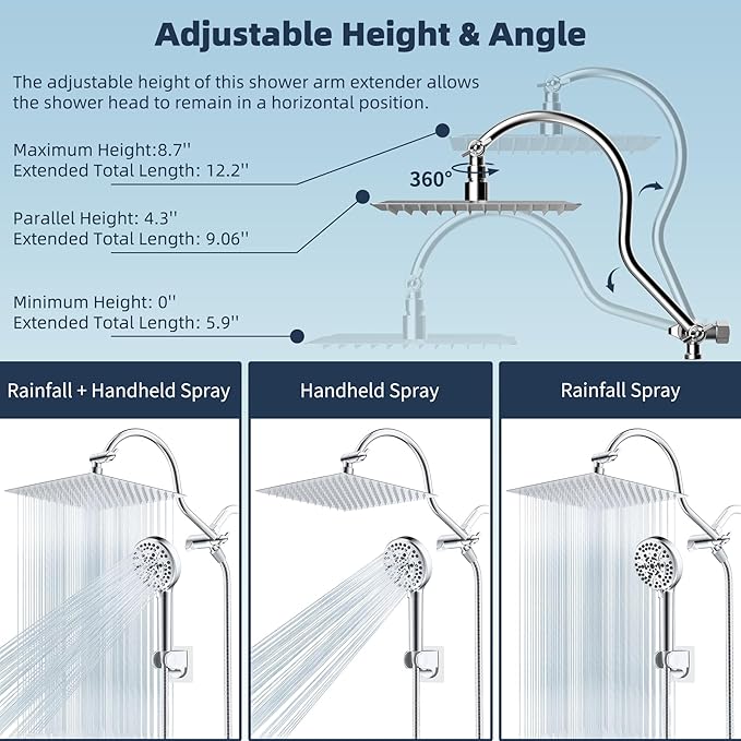 Hibbent 12'' All Metal Shower Head, High Pressure Rainfall Shower Head, Handheld Showerhead Combo, 12'' Adjustable Curved Shower Extension Arm, 10-Spray, 71'' Hose, Adhesive Showerhead Holder, Chrome