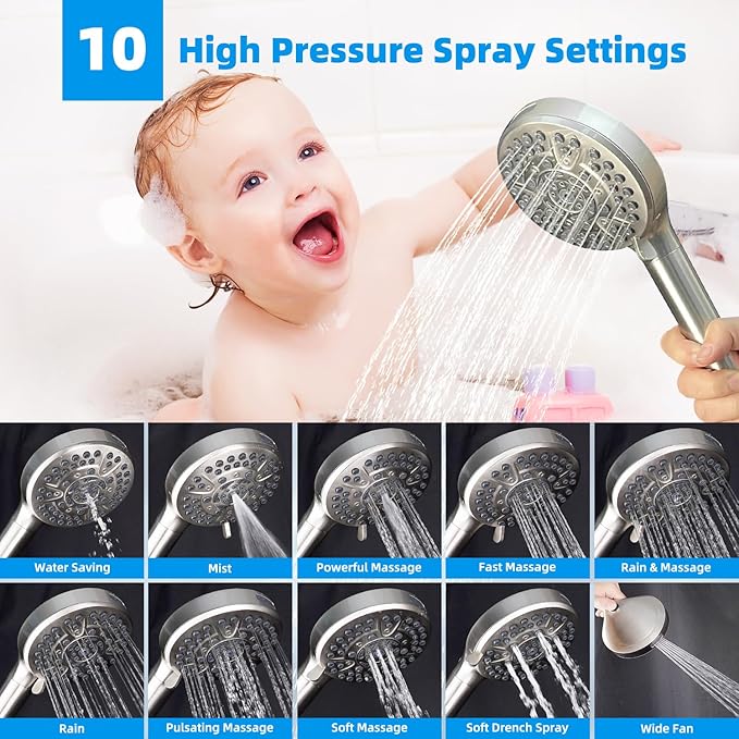 Hibbent All Metal 10'' Dual Filtered Rainfall Shower Head Combo, High Pressure Handheld Shower Head with 16'' Adjustable Extension Arm, 20 Stage Shower Filter, 10-spray, 71'' Hose, Brushed Nickel