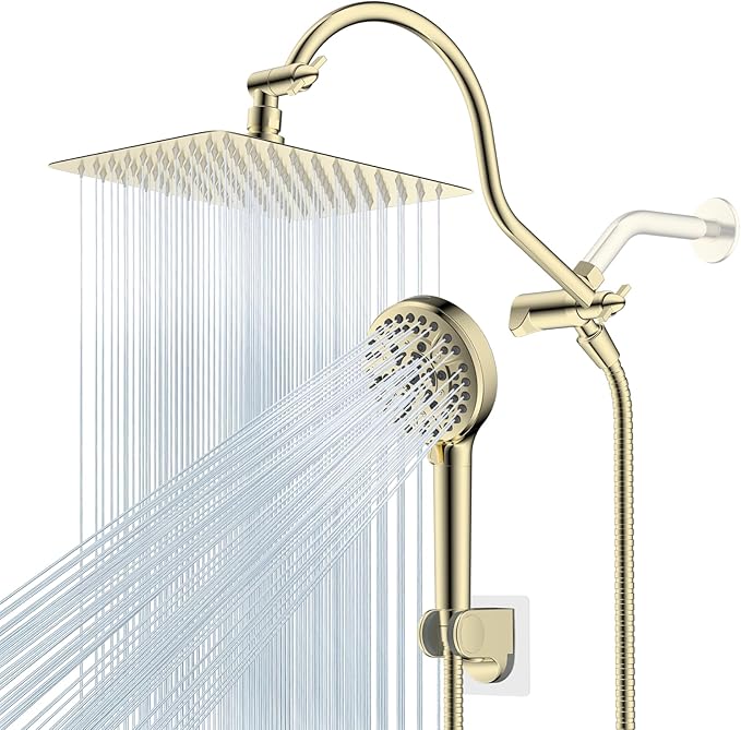 Hibbent All Metal Shower Head, 10'' High Pressure Rainfall Shower Head/Handheld Gold Showerhead Combo with 12'' Adjustable Shower Extension Arm, 10-Spray, 71'' Hose Showerhead Holder, Polished Brass