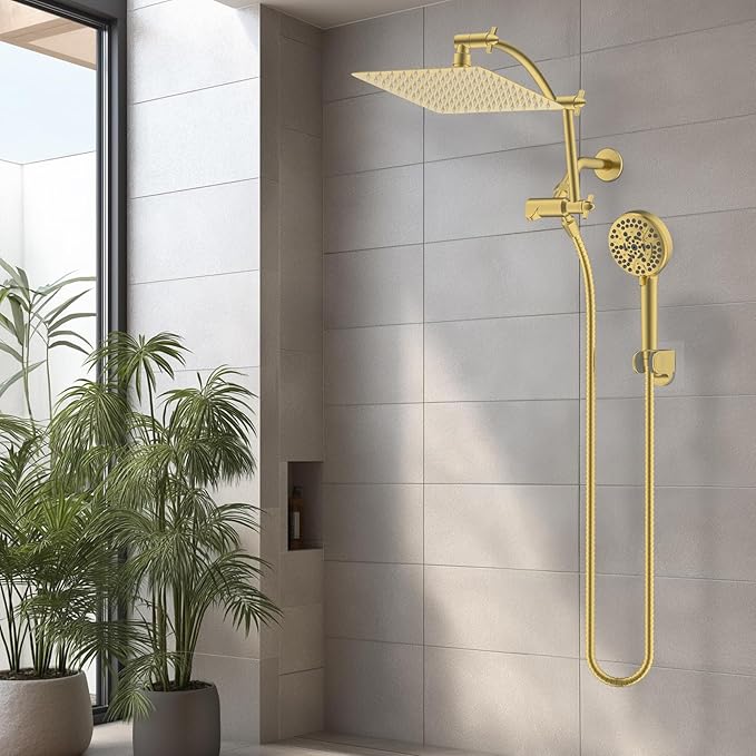 Hibbent All Metal Shower Head, 10'' High Pressure Rain Shower Head, Handheld Showerhead Combo with 16'' Adjustable Shower Extension Arm, 10 Sprays, 71'' Hose, Adhesive Showerhead Holder, Brushed Gold