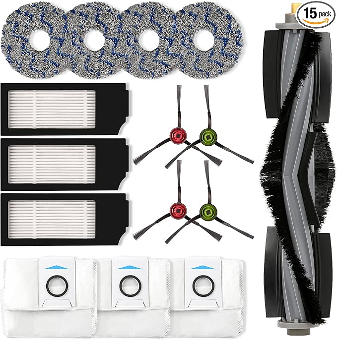 (15 Pack) X1 Omni Replacement Parts for ECOVACS DEEBOT DEEBOT X1 Omni X1 PRO Omni X1 Omni T10 Omni Robot Vacuum Accessories, 1 Roller Brush, 3 HEPA Filters, 3 Dust Bags, 4 Side Brushes, 4 Mop Pads