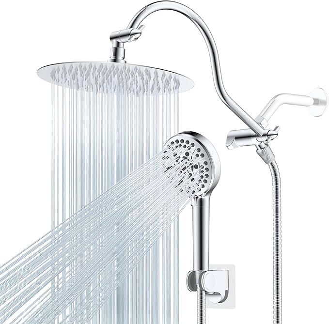 Hibbent All Metal Shower Head, 10'' High Pressure Rainfall Shower Head/Handheld Showerhead Combo with 12'' Adjustable Curve Shower Extension Arm, 10-Spray, 71'' Shower Hose, Shower Head Holder, Chrome