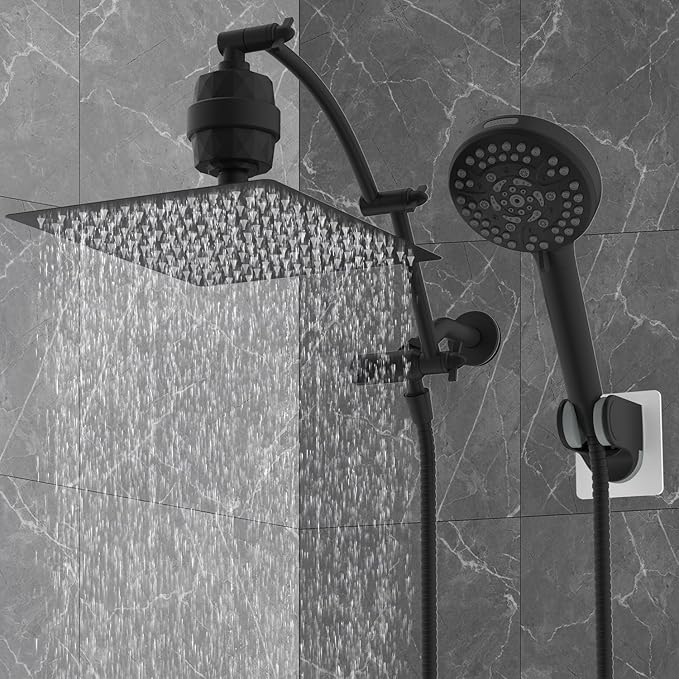 Hibbent All Metal 12'' Filtered Rainfall Shower Head Combo, High Pressure Handheld Shower Head with 16'' Adjustable Arc Extension Arm, 20 Stage Shower Filter, 10-spray, 71'' Shower Hose, Matte Black