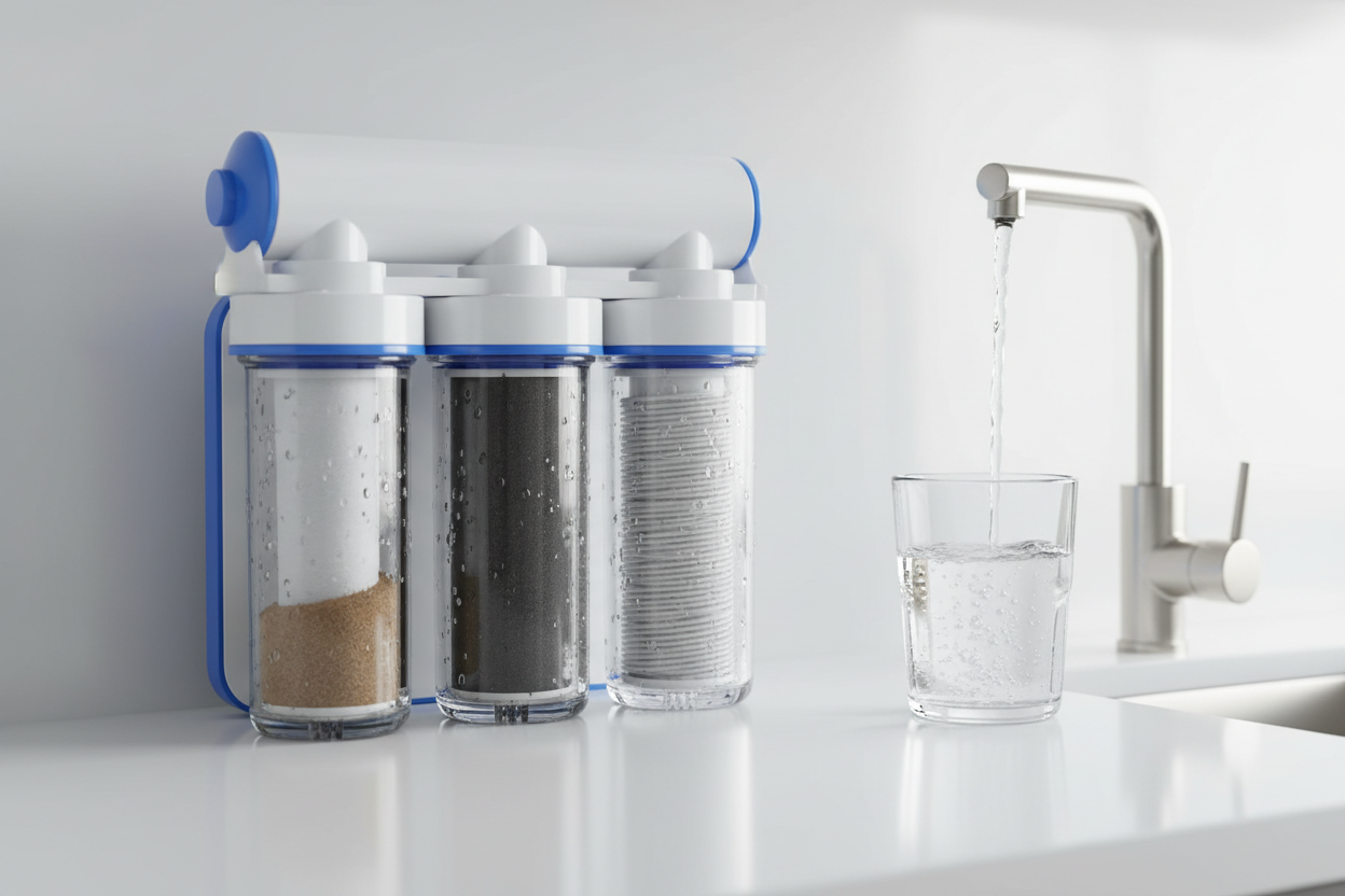 Reverse Osmosis Filters: For ultra-pure drinking water by removing contaminants, chemicals, and sediments. (make it real photo)